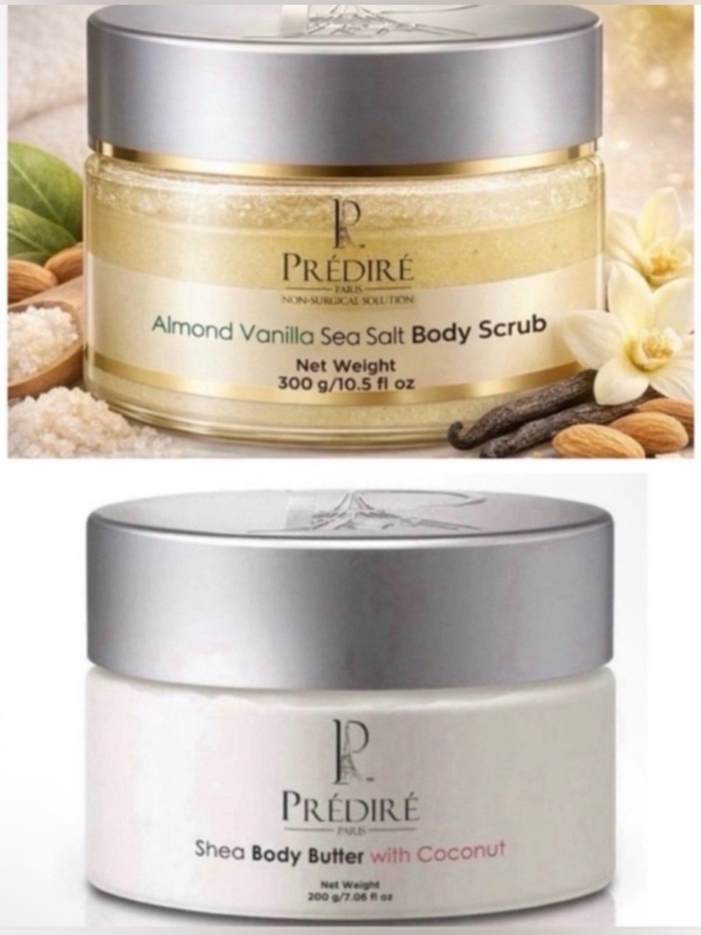 Predire Almond Vanilla Body Scrub & Shea Body Butter BUNDLE ~ Retail $250